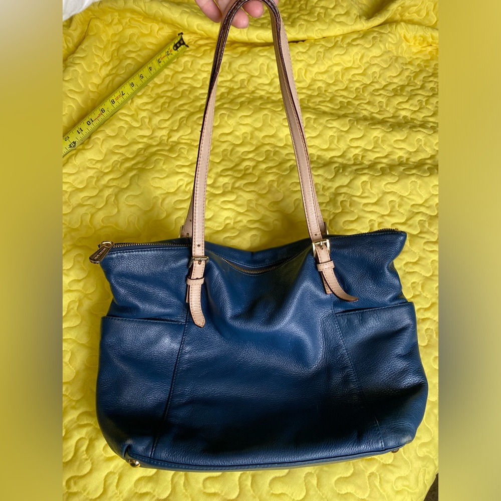 Michael Kors Leather Shoulder Tote Bag Navy Blue - Picture 2 of 16